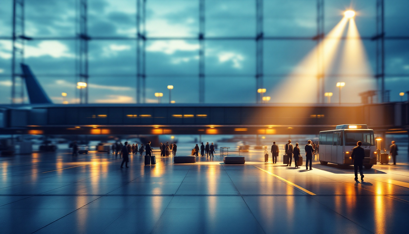 A photograph of a dynamic airport scene featuring a well-lit spotlight illuminating a busy terminal or runway
