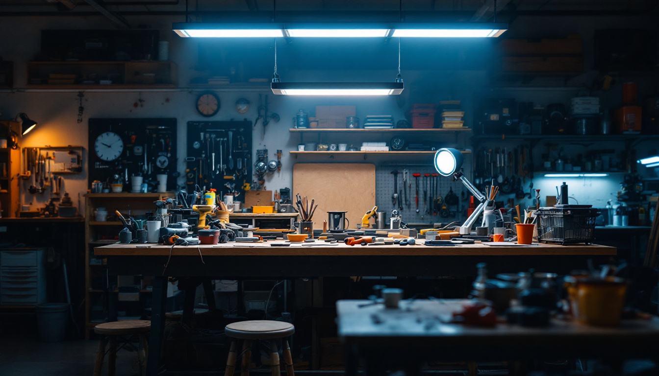 A photograph of a well-lit workshop featuring 2x4 led shop lights