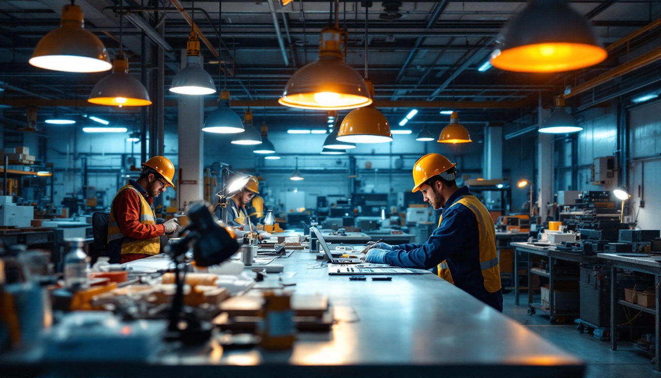 A photograph of a well-lit industrial workspace showcasing various types of lighting fixtures in action