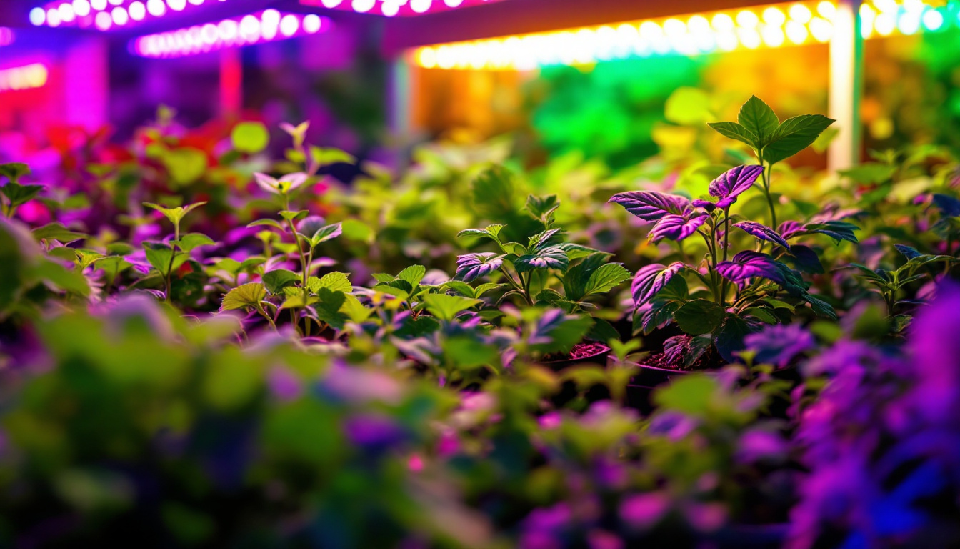A photograph of a vibrant indoor garden illuminated by advanced led grow lights