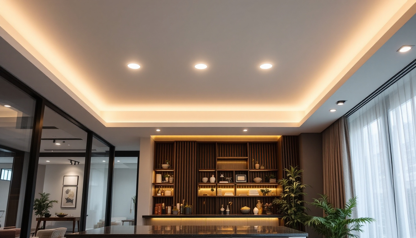 A photograph of a beautifully designed interior space showcasing recessed 6-inch can lights illuminating key areas