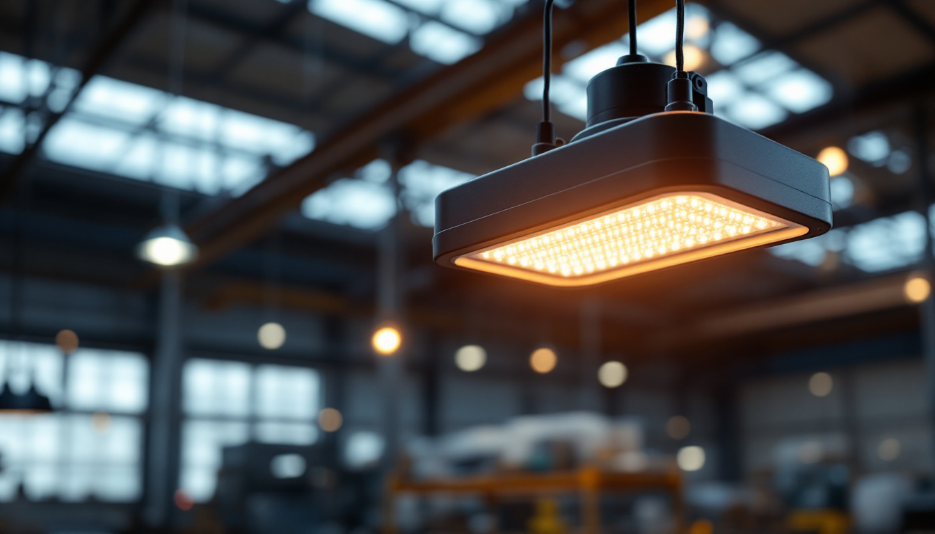 A photograph of capture a photograph of a modern big temp led fixture in a well-lit industrial or commercial setting