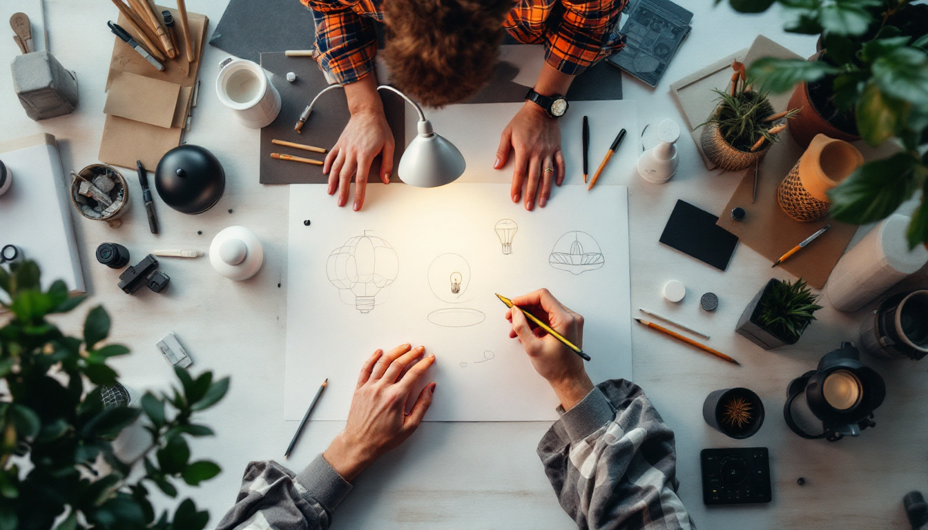 A photograph of a designer sketching innovative drop ceiling lamp concepts