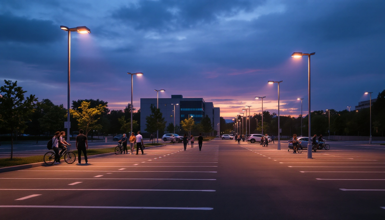 A photograph of a well-lit parking lot at dusk