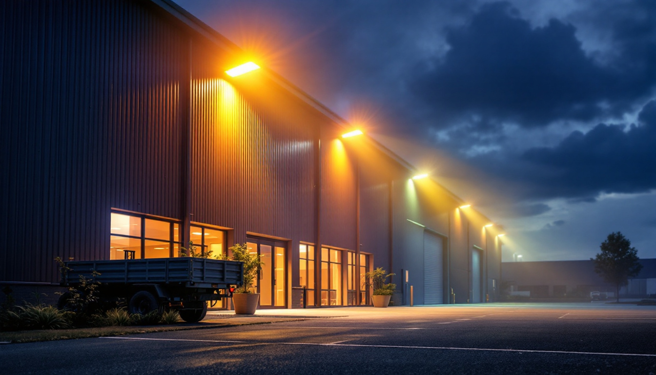 A photograph of a modern workplace or warehouse illuminated by solar exterior flood lights at dusk