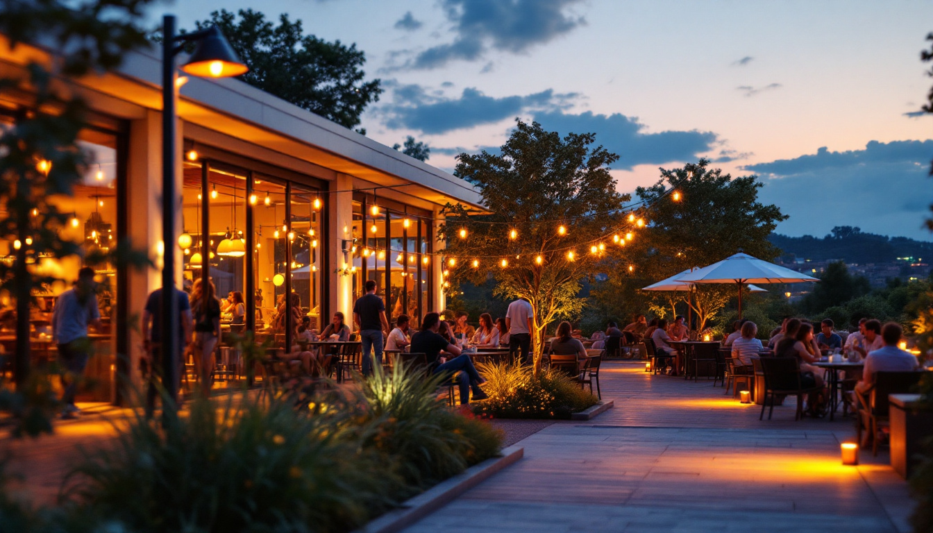 A photograph of a vibrant outdoor scene illuminated by commercial led lighting at dusk