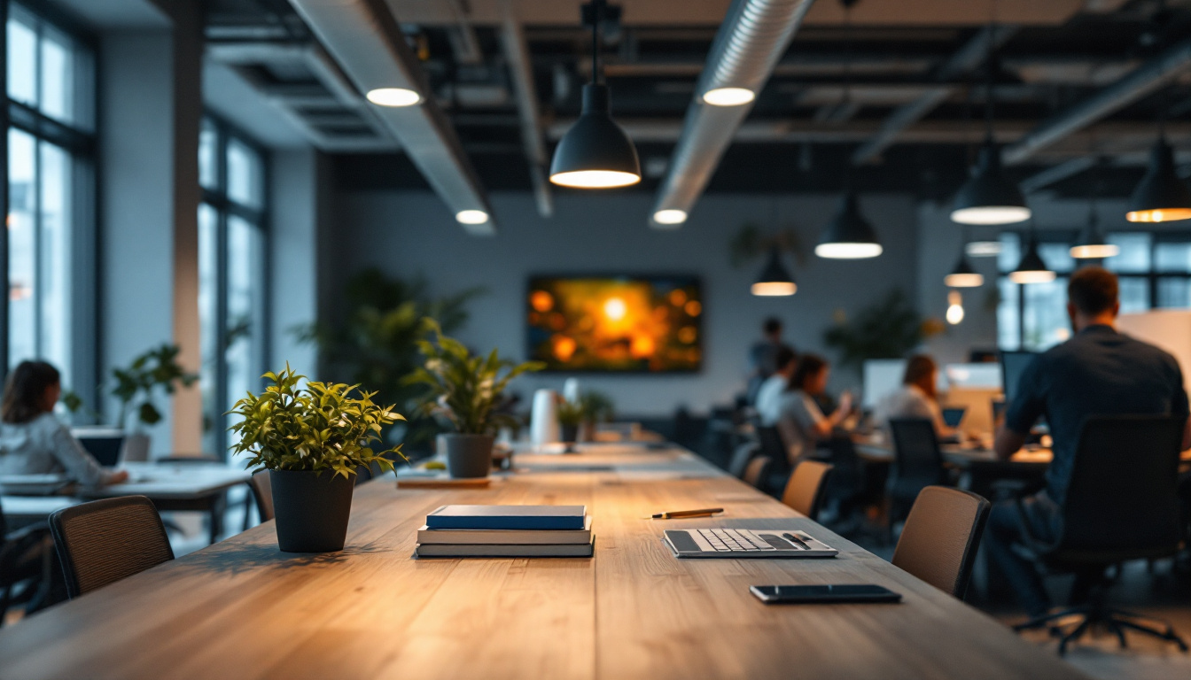A photograph of a modern office space featuring sleek troffer lighting