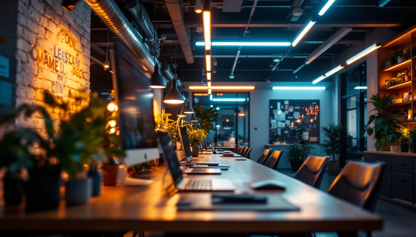 A photograph of a well-lit modern workspace showcasing led lighting in use