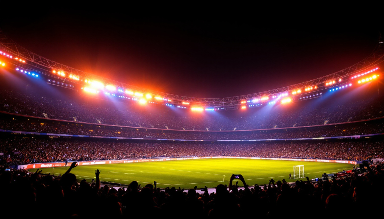 A photograph of a stadium illuminated by powerful lights during a nighttime event