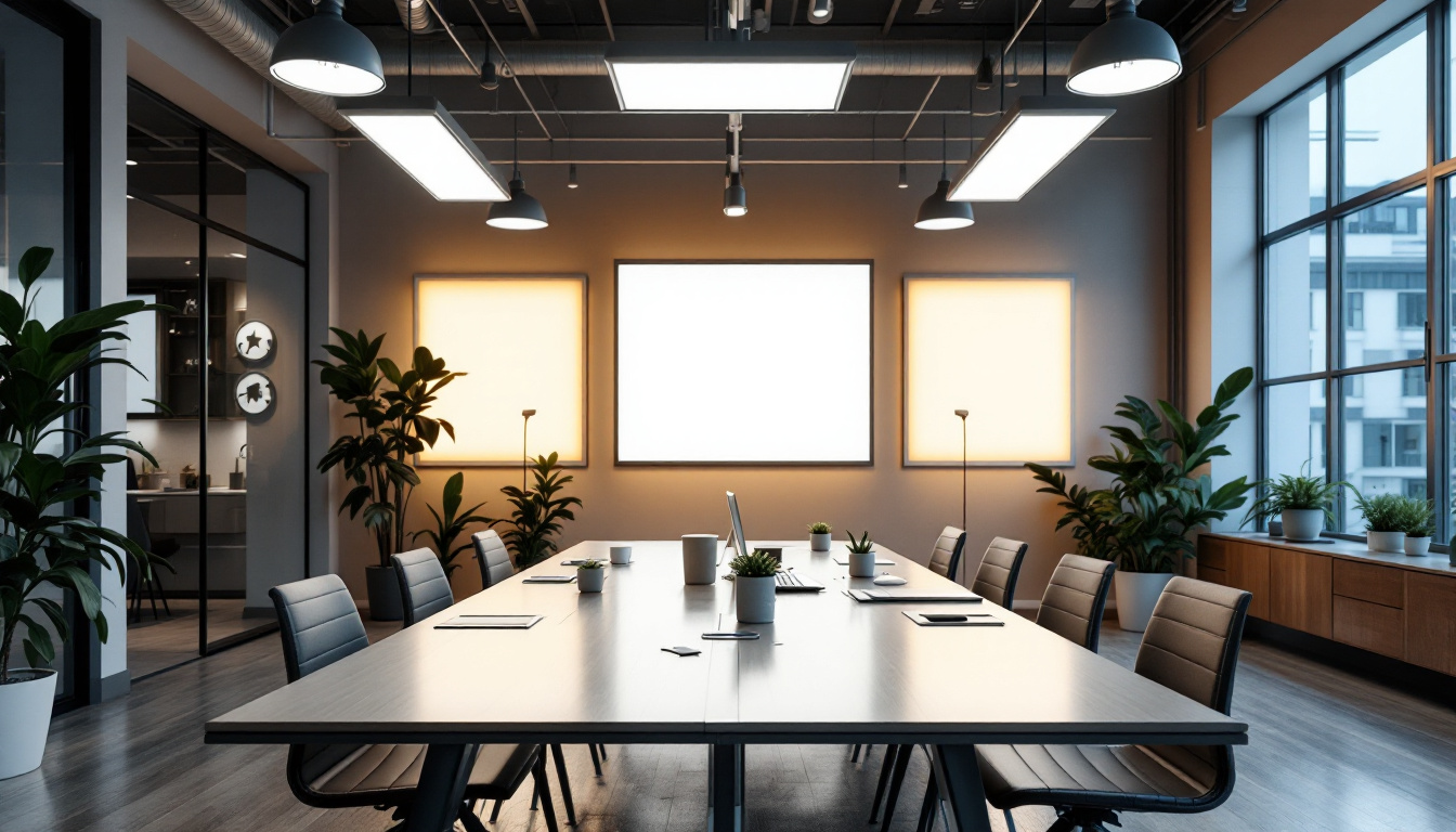 A photograph of a modern office or workspace featuring sleek 2x4 led panel lights illuminating the area
