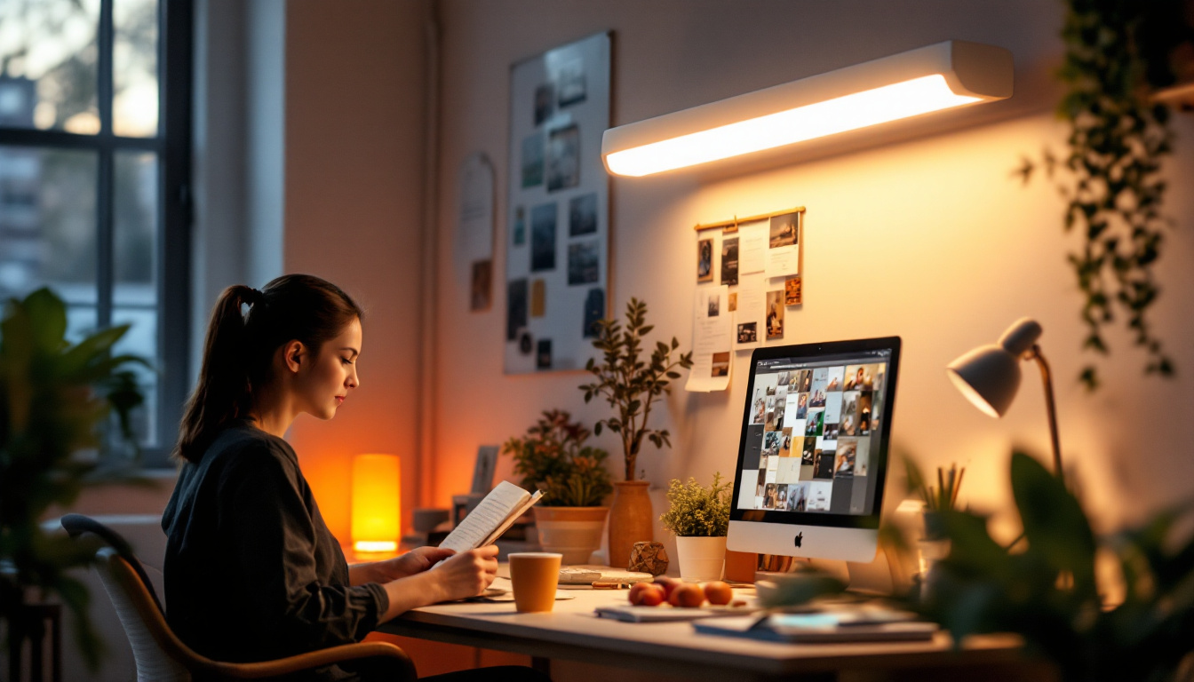 A photograph of a well-lit workspace featuring a 4-foot fluorescent light fixture