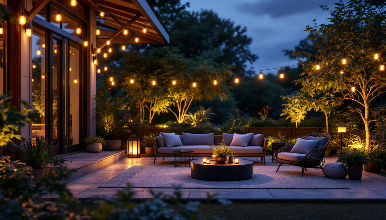 A photograph of a beautifully illuminated outdoor space featuring solar lights in various settings