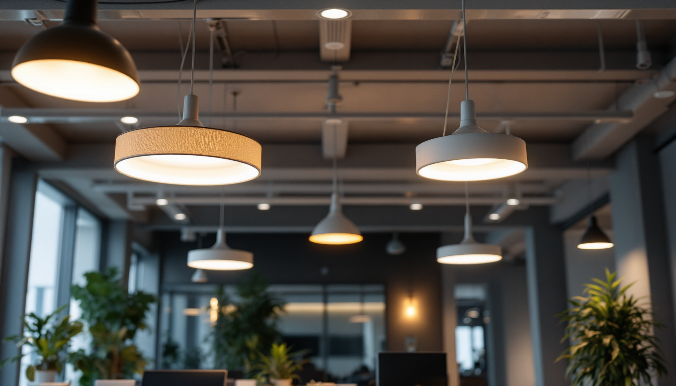 A photograph of a modern office space featuring various ceiling-mounted lighting solutions that effectively illuminate the area