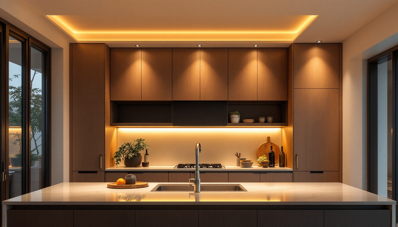 A photograph of a beautifully designed kitchen showcasing recessed lighting that highlights the space's features