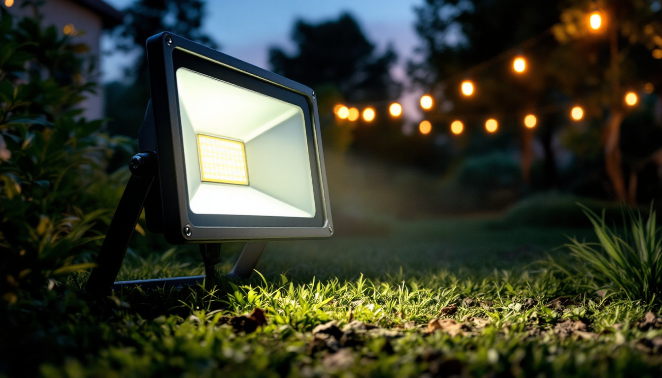 A photograph of a vibrant outdoor setting illuminated by a flood lamp led at dusk