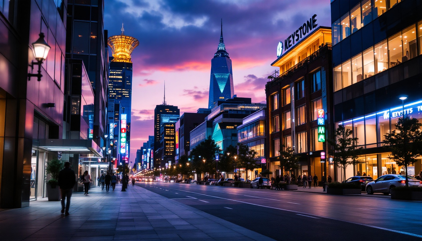 A photograph of a dynamic urban scene at dusk
