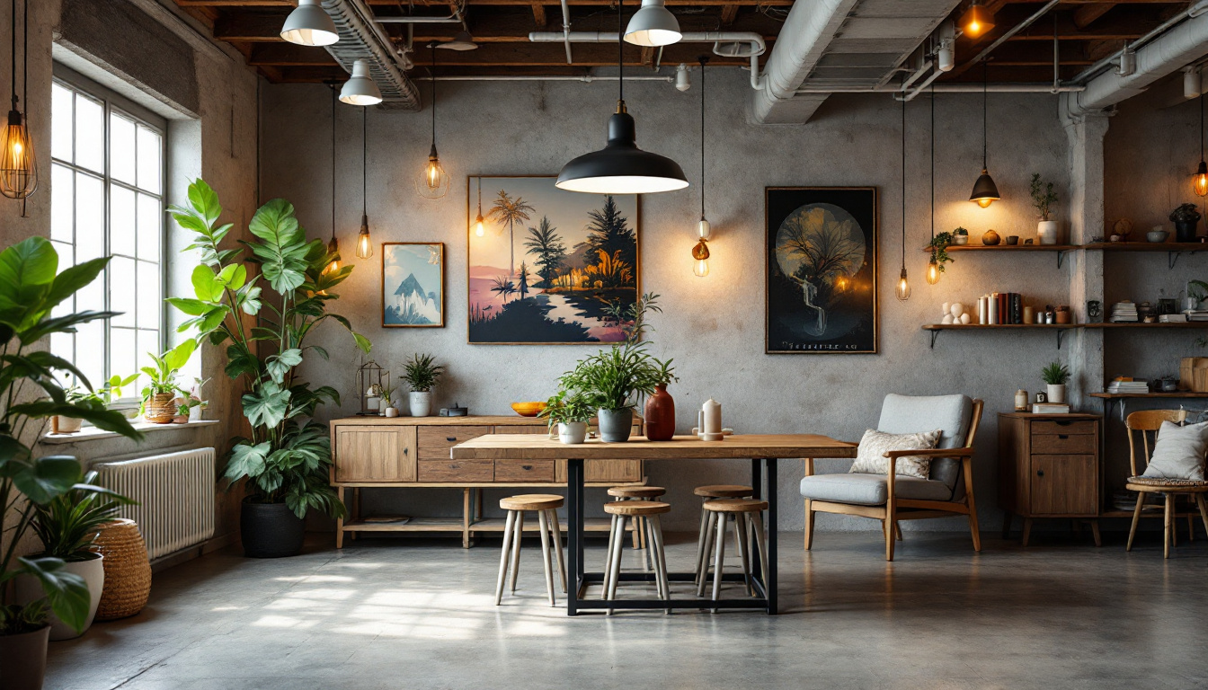 A photograph of a creatively designed space that showcases repurposed warehouse fixtures