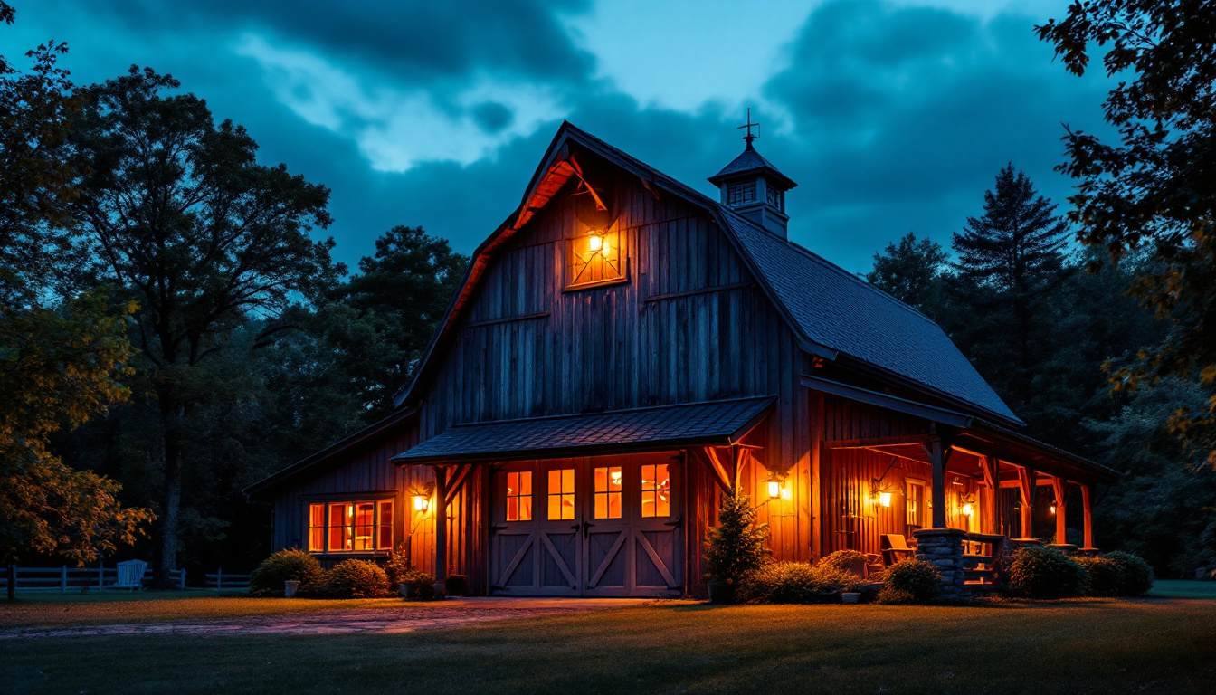 A photograph of a beautifully lit barn showcasing led barn lights in action during twilight