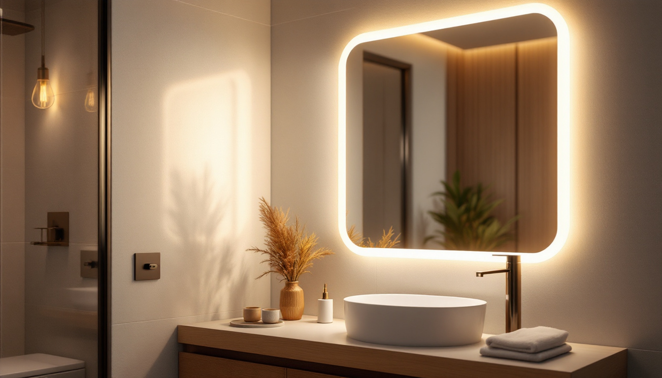 A photograph of a beautifully lit bathroom featuring a sleek led mirror
