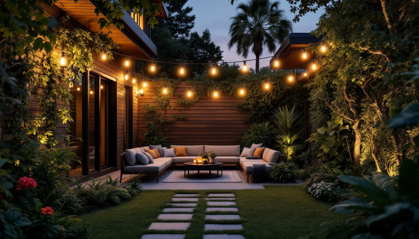 A photograph of a beautifully designed outdoor space illuminated by solar house lights at dusk
