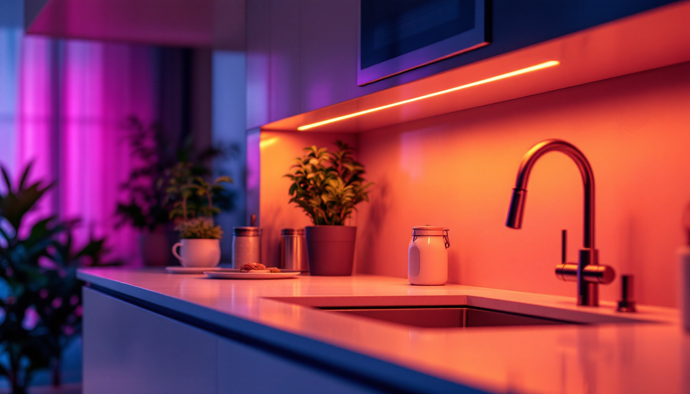 A photograph of a modern kitchen featuring the brightest ac under counter lights in action