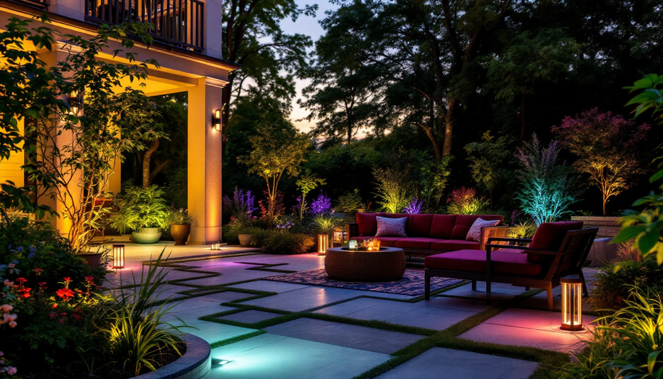 A photograph of a beautifully illuminated outdoor space featuring a variety of led landscape lighting kits made in the usa