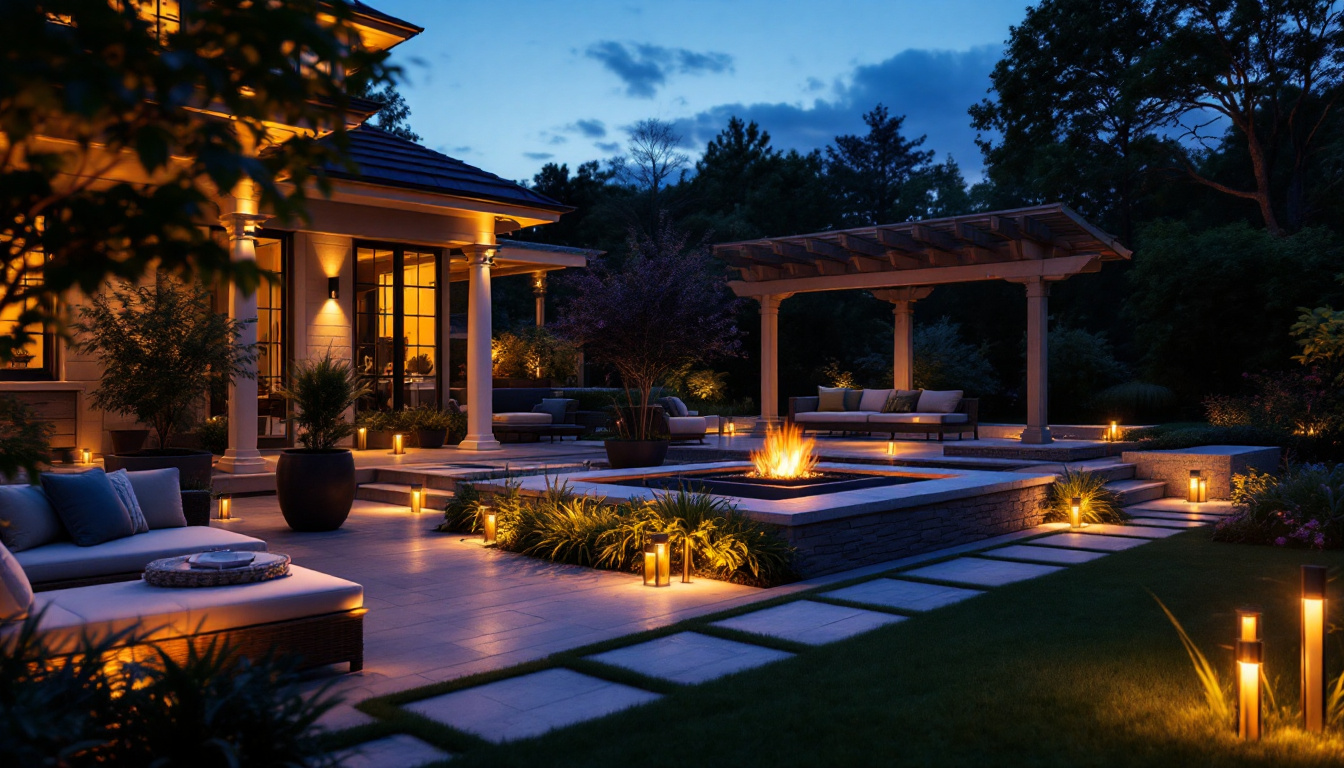 A photograph of a beautifully illuminated outdoor space featuring a variety of landscape lighting kits made in the usa