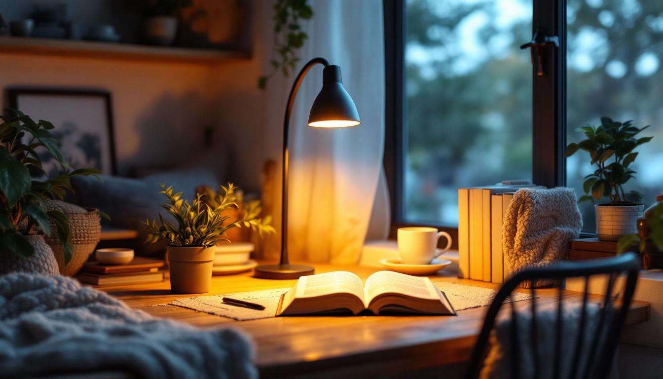A photograph of a beautifully styled workspace featuring a goose neck light illuminating a cozy reading nook