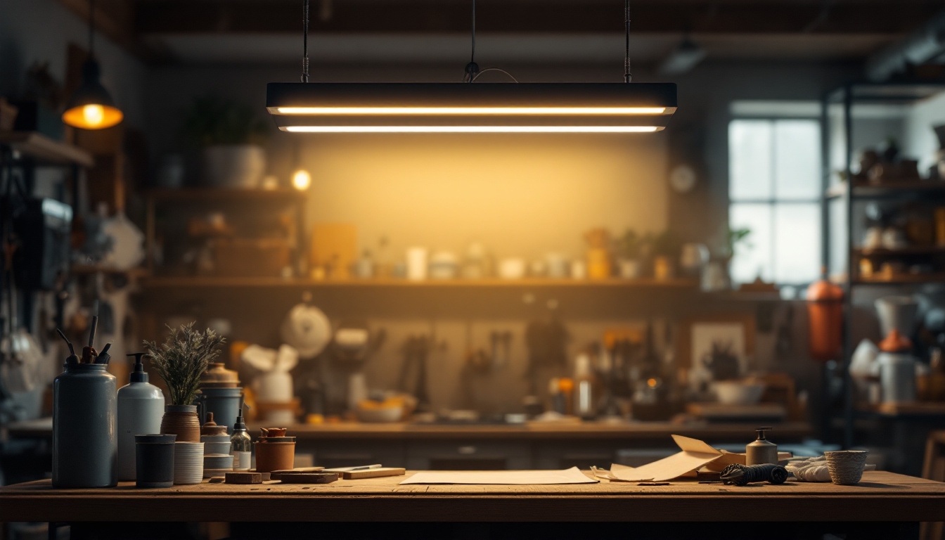 A photograph of a modern 4' led shop light fixture in a well-lit workshop setting