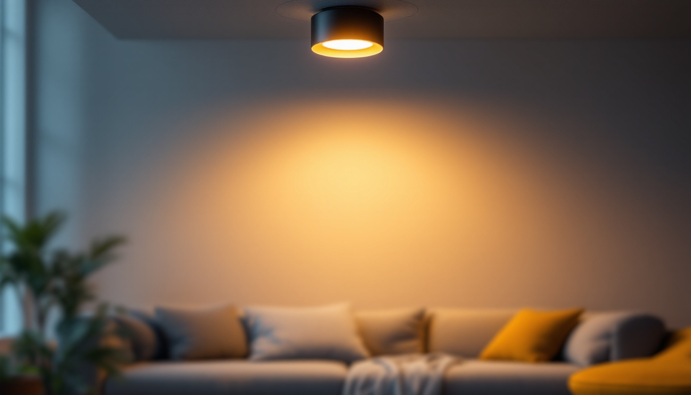 A photograph of a stylishly designed room showcasing a 2-inch can light installed in the ceiling