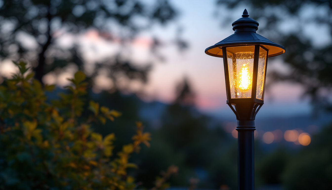 A photograph of a solar lantern light post illuminating a serene outdoor setting at dusk