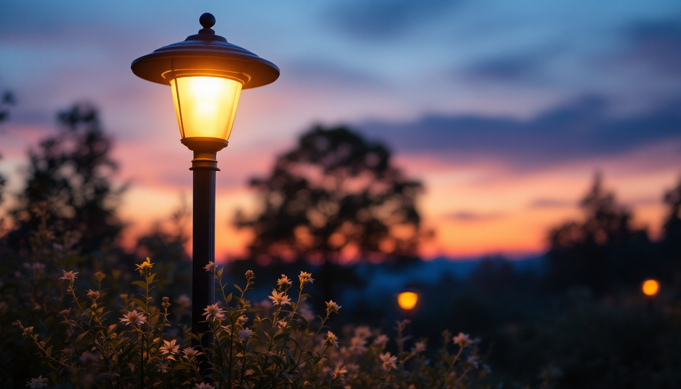 A photograph of a beautifully illuminated solar lamp post in a serene outdoor setting during twilight