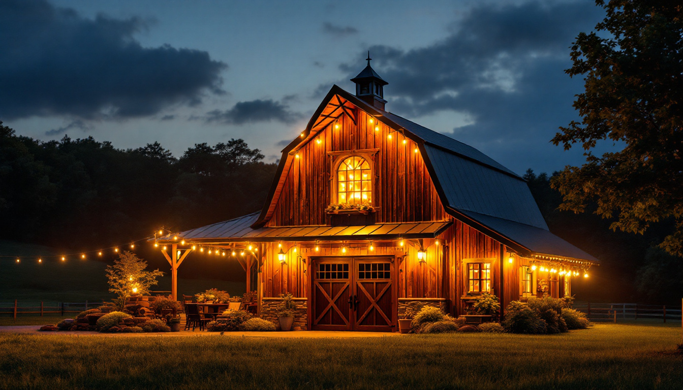 A photograph of a beautifully illuminated barn at dusk