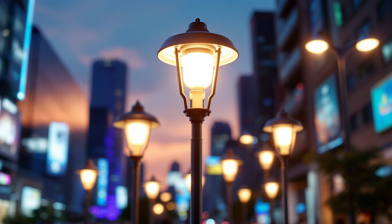 A photograph of a vibrant urban scene at dusk