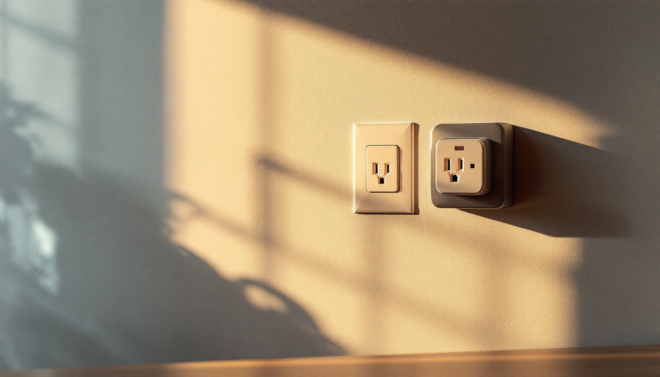 A photograph of a well-lit interior space featuring various electrical wall outlets in use
