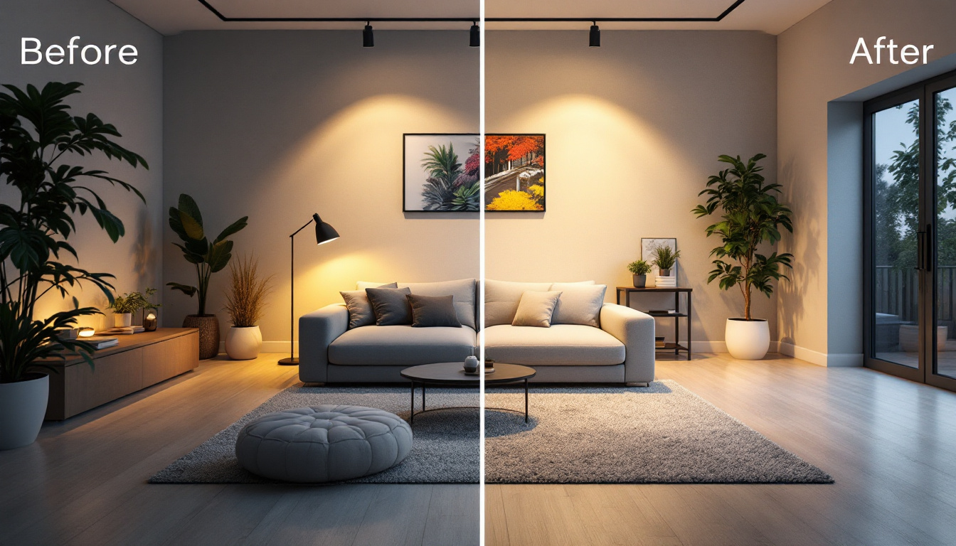 A photograph of a well-lit scene showcasing a before-and-after comparison of a space transformed by an led light conversion kit