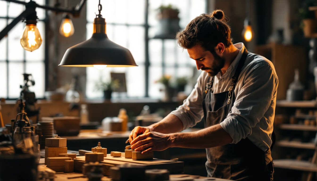 A photograph of a skilled artisan meticulously crafting a barn light fixture