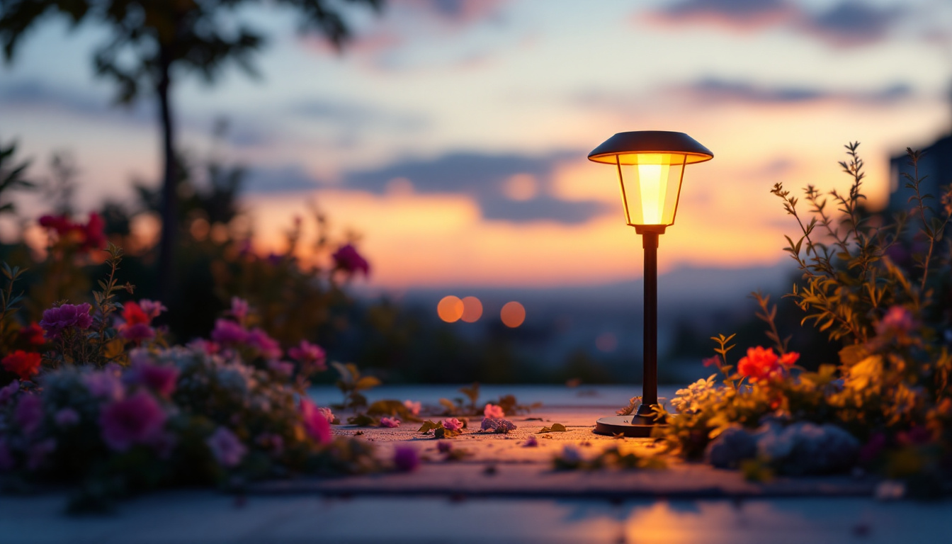 A photograph of a solar lamp led illuminating a vibrant outdoor setting at dusk