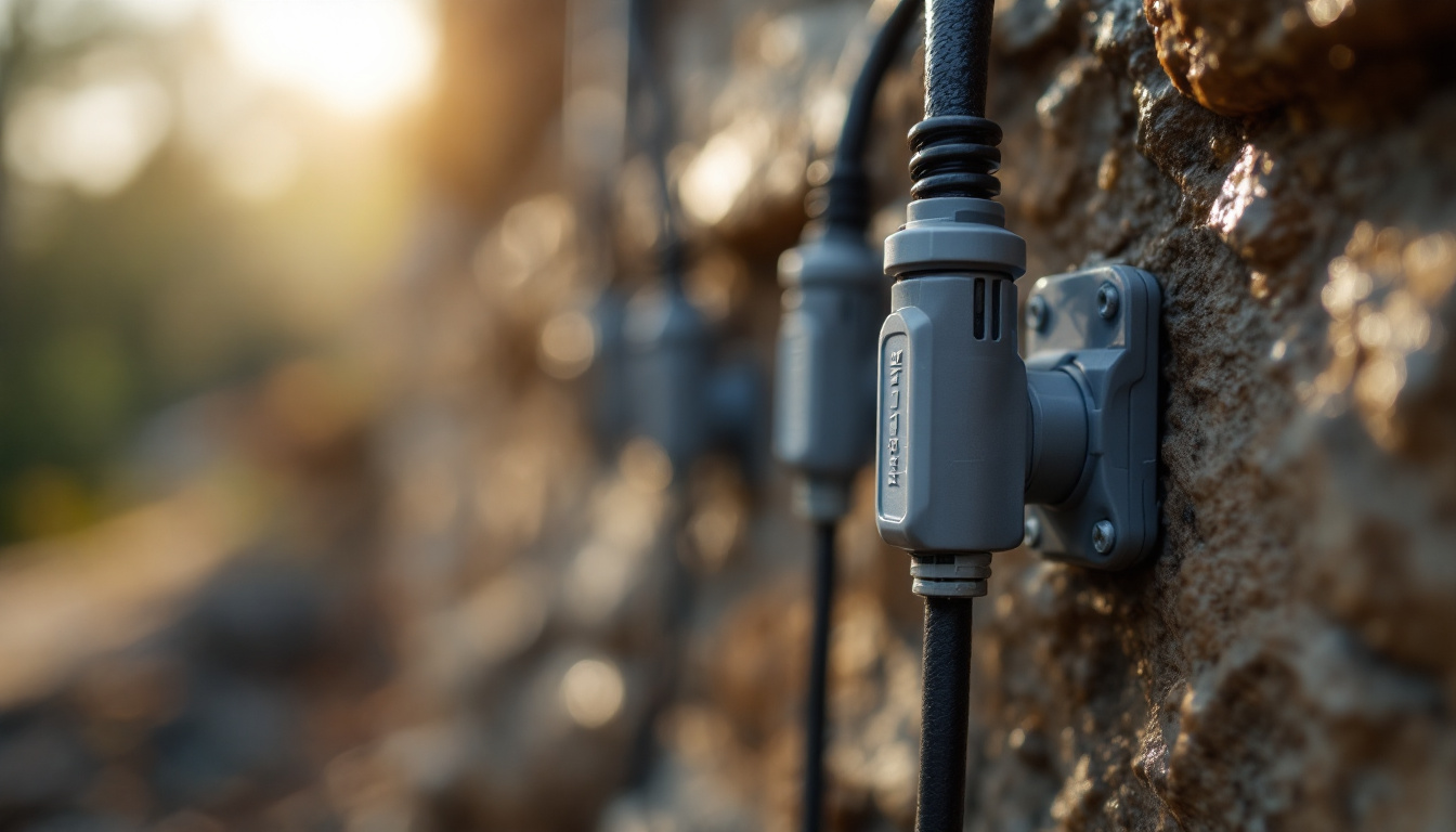 A photograph of a close-up of waterproof outdoor wire connectors installed in a rugged outdoor setting