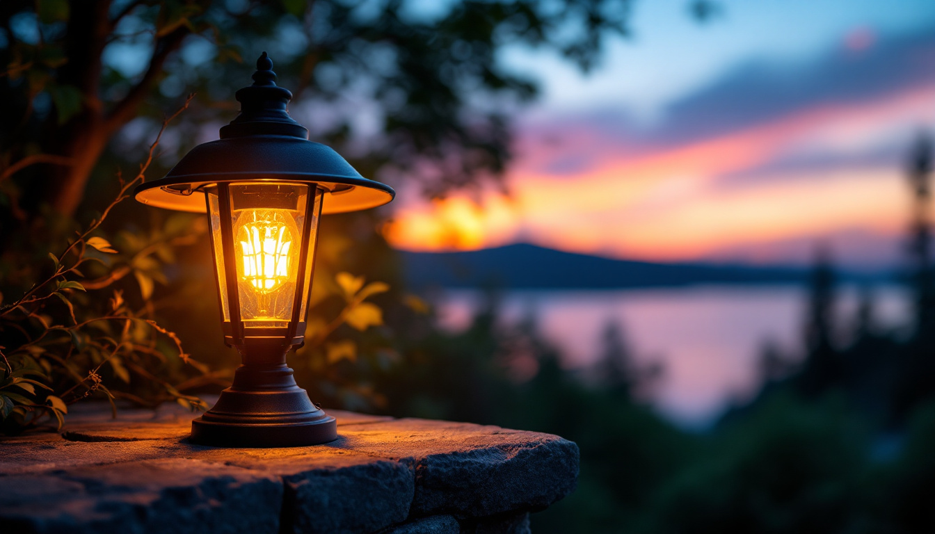 A photograph of a dawn-to-dusk lamp illuminating a serene outdoor setting