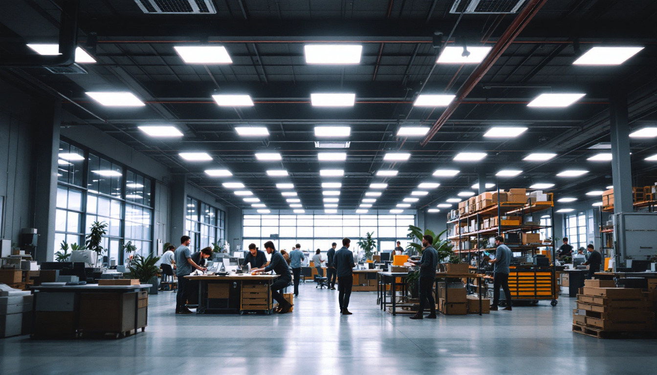A photograph of capture a photograph of a modern workplace or warehouse showcasing sleek recessed light fixtures illuminating the space