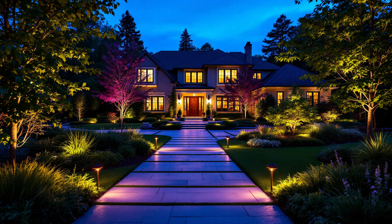 A photograph of a beautifully illuminated outdoor space featuring strategically placed led lights around a house