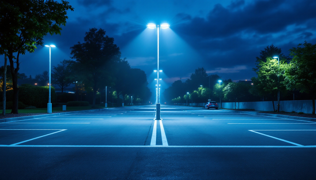 A photograph of a well-lit parking lot at dusk