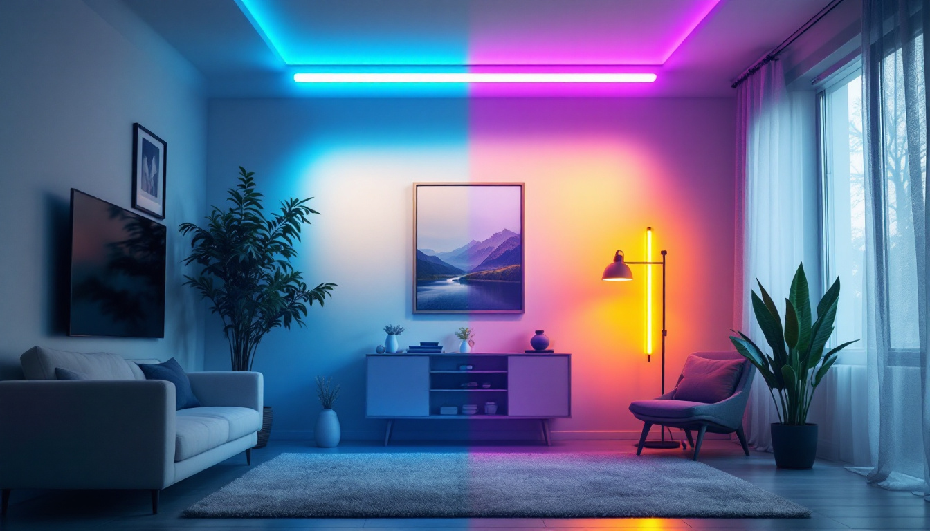 A photograph of a well-lit room showcasing a comparison of fluorescent and led light bulbs
