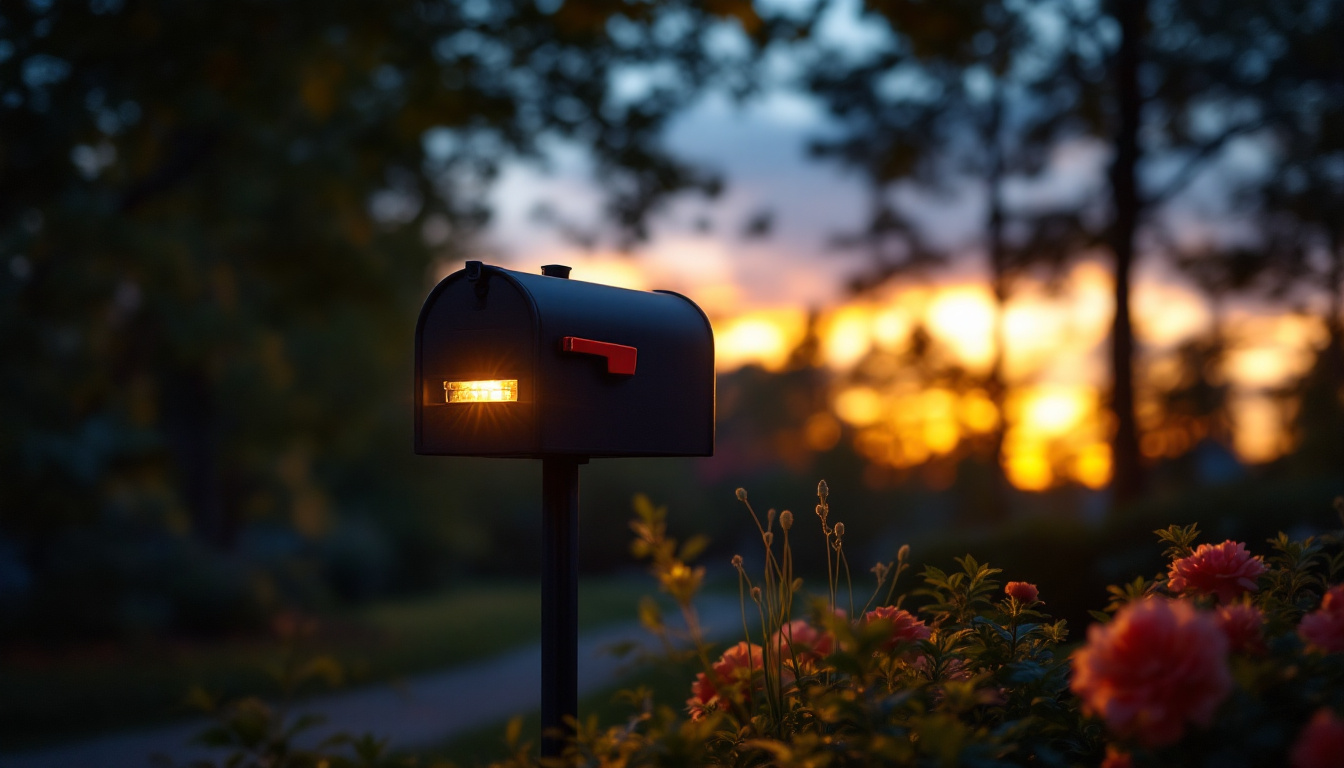 A photograph of a beautifully illuminated solar mailbox light in a serene outdoor setting during twilight