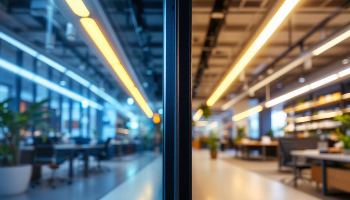 A photograph of a side-by-side comparison of t8 and g13 led tubes in a modern office or retail setting