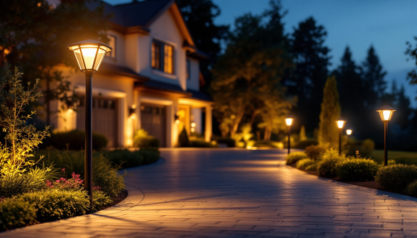 A photograph of a beautifully illuminated driveway featuring solar light posts at dusk