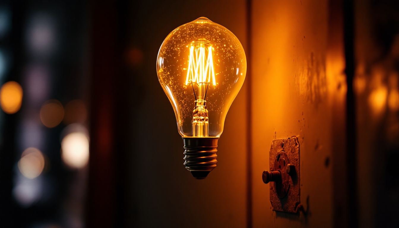 A photograph of a vintage-style fluorescent light bulb glowing warmly in a dimly lit room