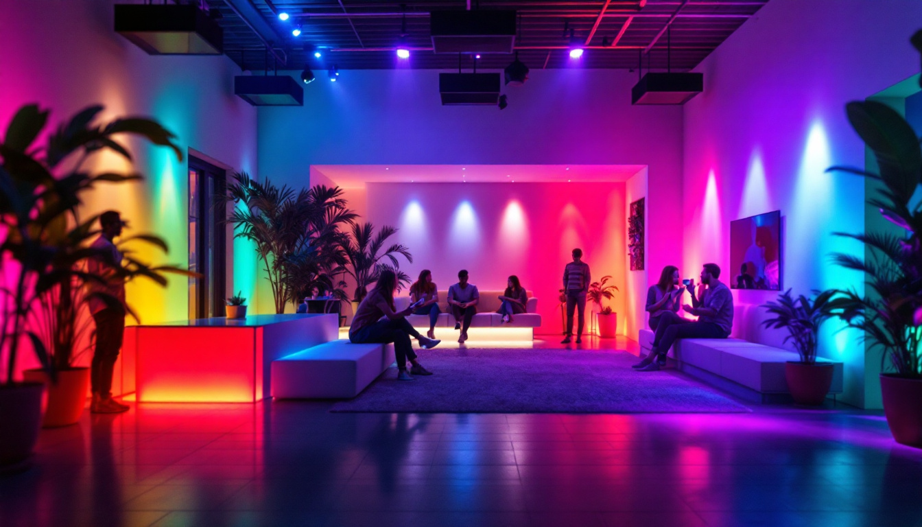 A photograph of a vibrant room or outdoor space illuminated by dynamic rgb led lights
