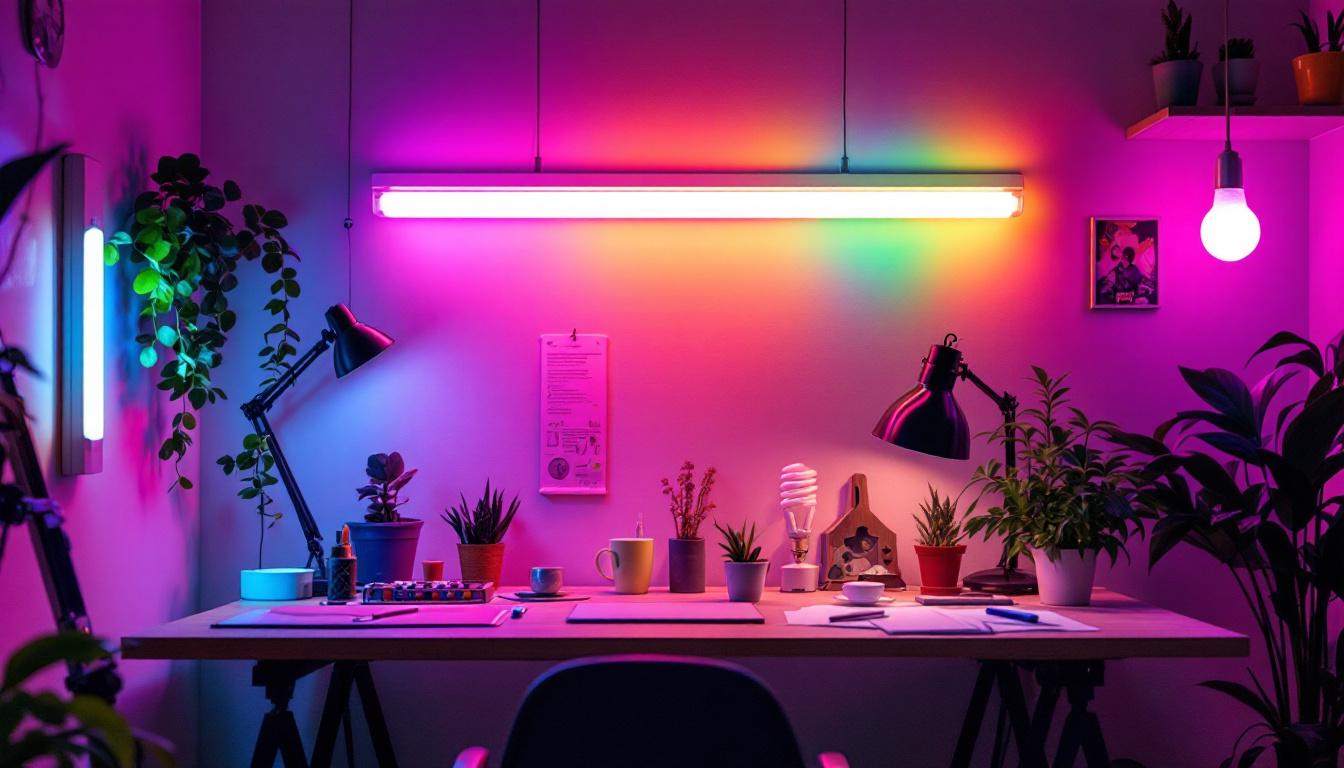 A photograph of a vibrant and dynamic workspace where fluorescent light bulbs are creatively utilized